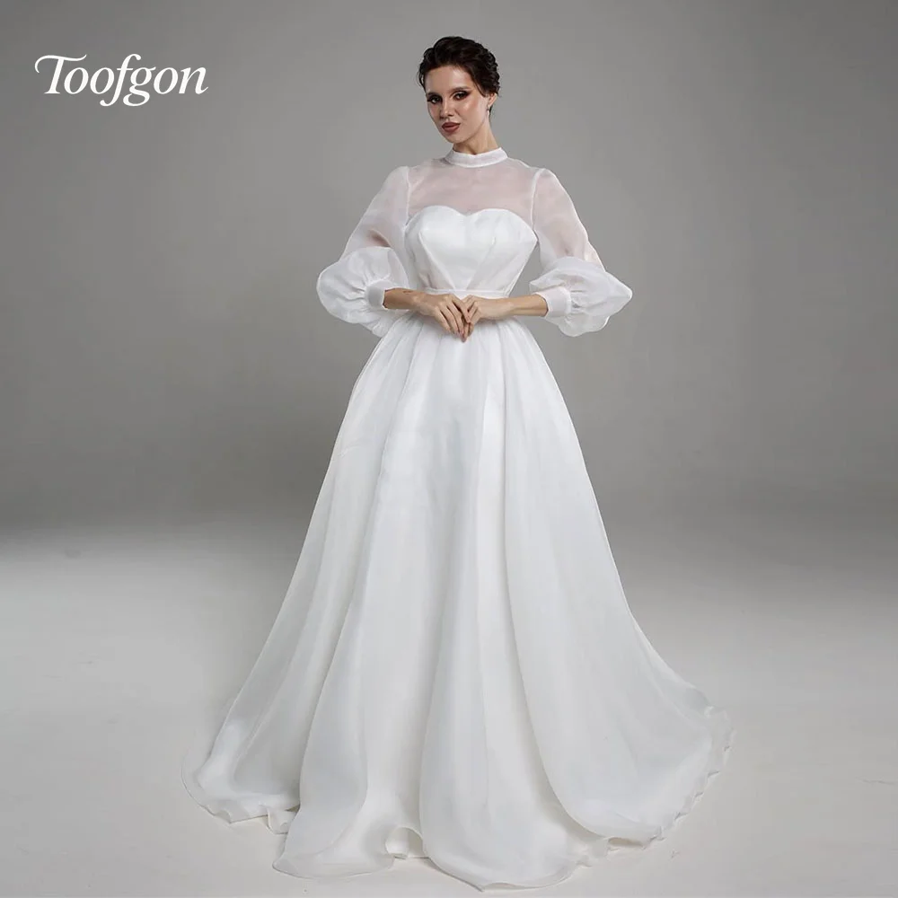 Toofgon สาย Organza ที่กําหนดเองชุดแต่งงานเจียมเนื้อเจียมตัวยาวพัฟแขนชุดแต่งงานเจ้าสาวการถ่ายภาพชุด