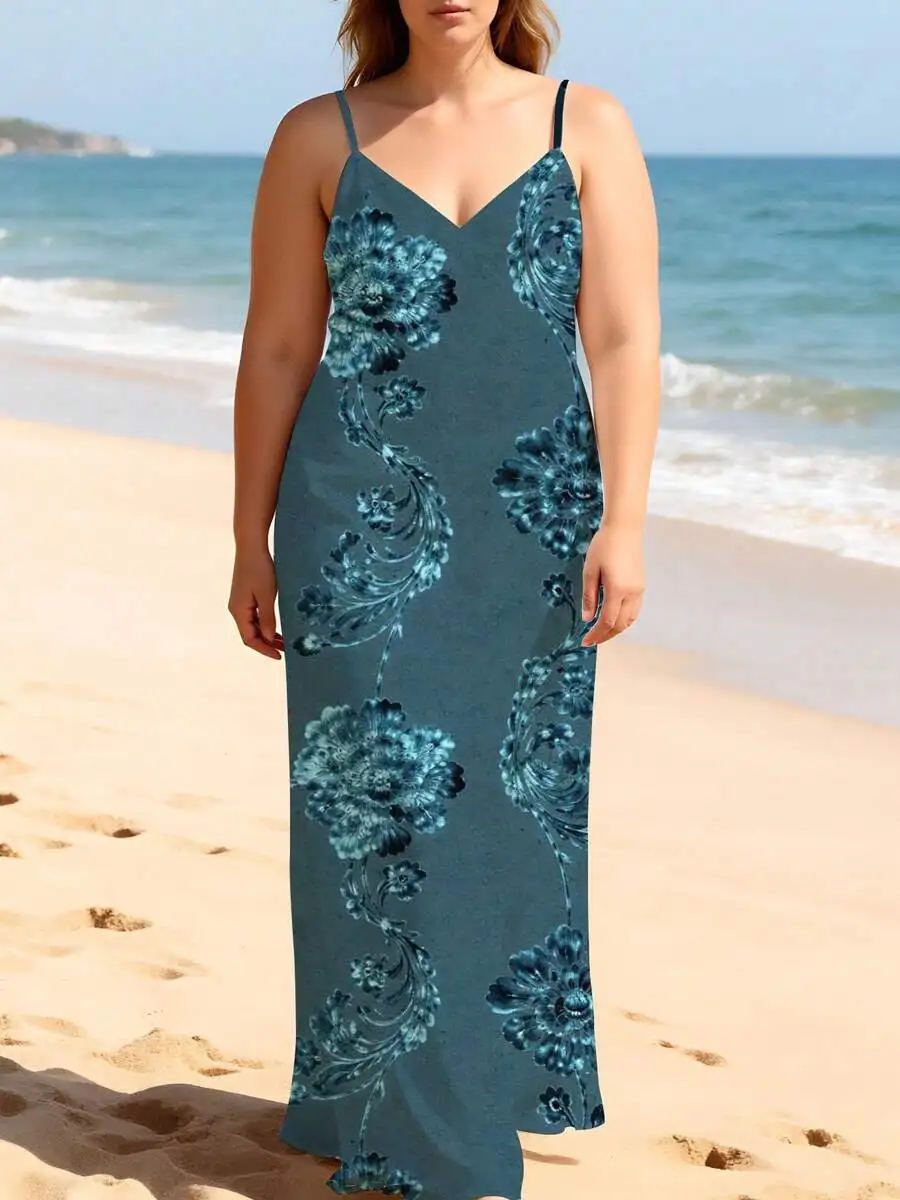 

Plus Size Women Maxi Dress Blue Floral Print Summer Beach Vacation Casual
