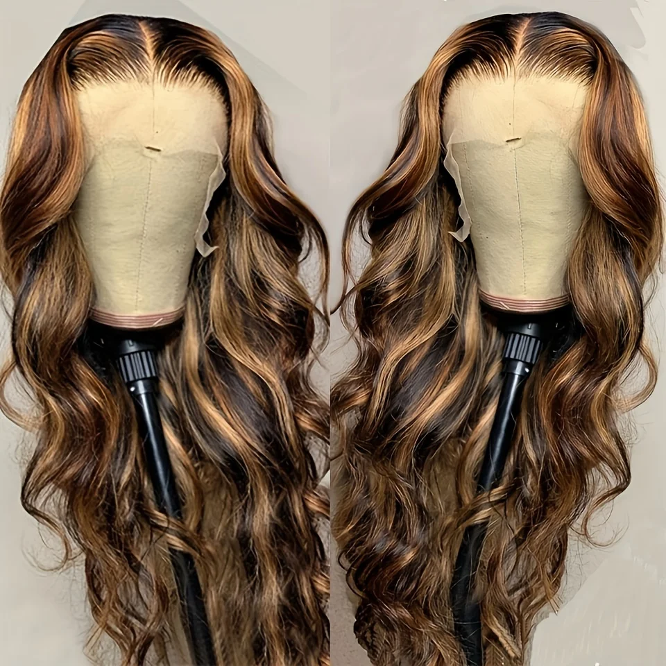 

34 Inch Highlight Ombre Lace Front Wig Human Hair Body Wave Frontal Wigs 250% Density 4/27 Colored 13x4 Lace Front Wig for Women