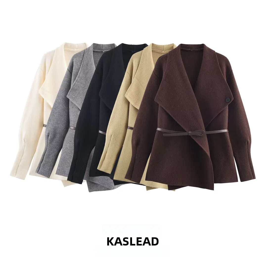 

KASLEAD Новый женский модный простой свободный вязаный костюм-джак с поясом, осень 2023, длинный све из полиэфирного волокна средней длины Ope...