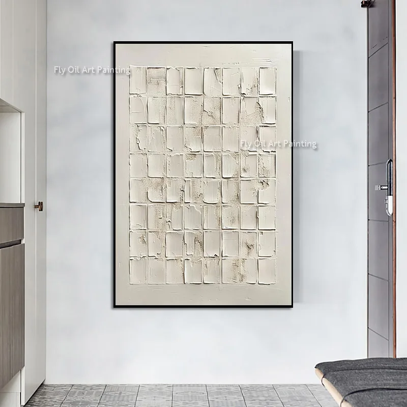 Minimalist Off‑White Textured Wall Art, Hand‑Painted Impasto Square Grid Oil Painting, Vertical Canvas For Modern Home Decor