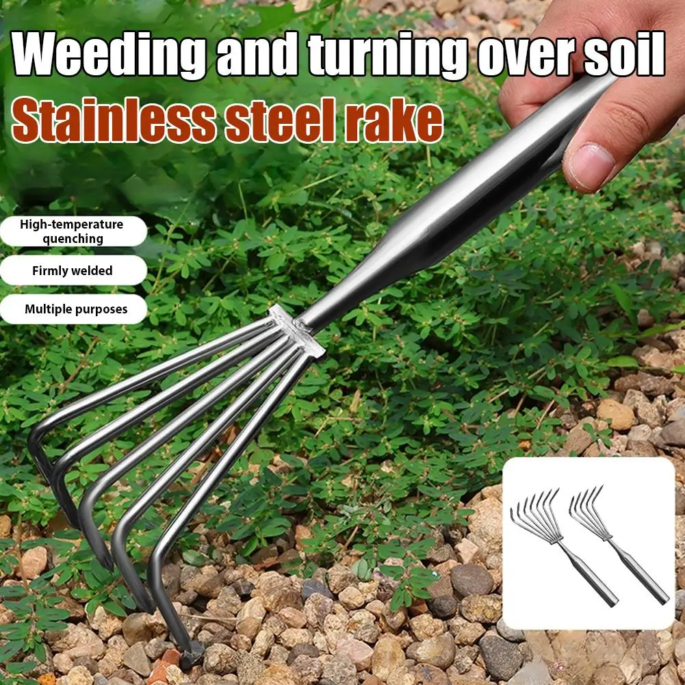 Small Rake Stainless Steel Multi-Claw Soil Loosening Tool With Integrated Steel Handle For Beach Foraging Gardening Planting Use