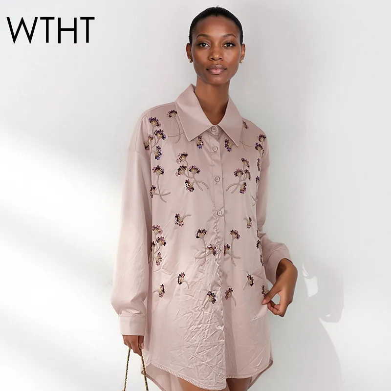 

WTHT 2026 Spring New Fashion Women's Embroidery Nail Beading Flower Casual Shirt Trendy Long Sleeves Loose Blouse Female 1LS3011