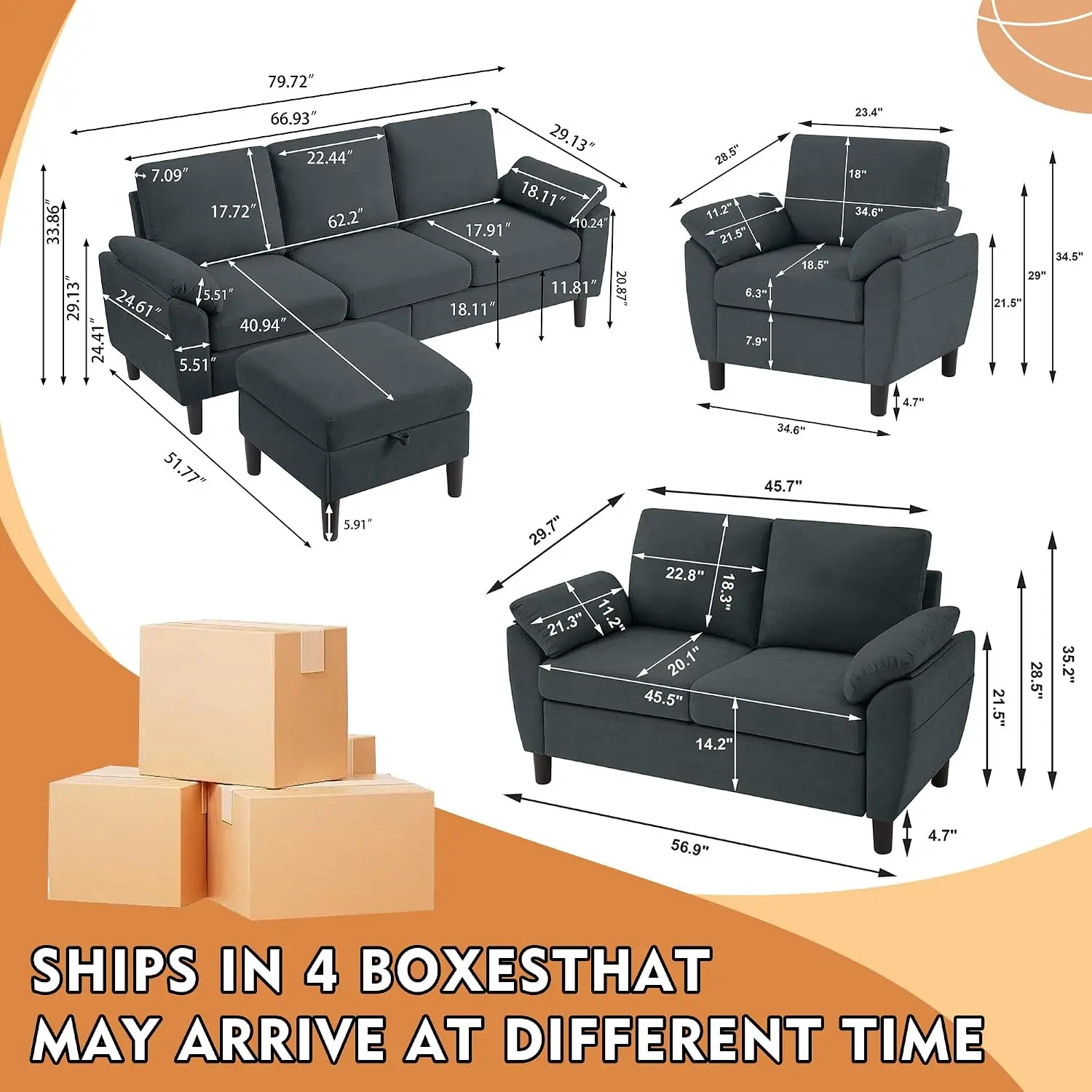 Convertible L Shaped Sectional Sofa, 3-Seater Reversible Chaise Loveseat Armchair, Modern Linen, Living Room Office Apartment, D