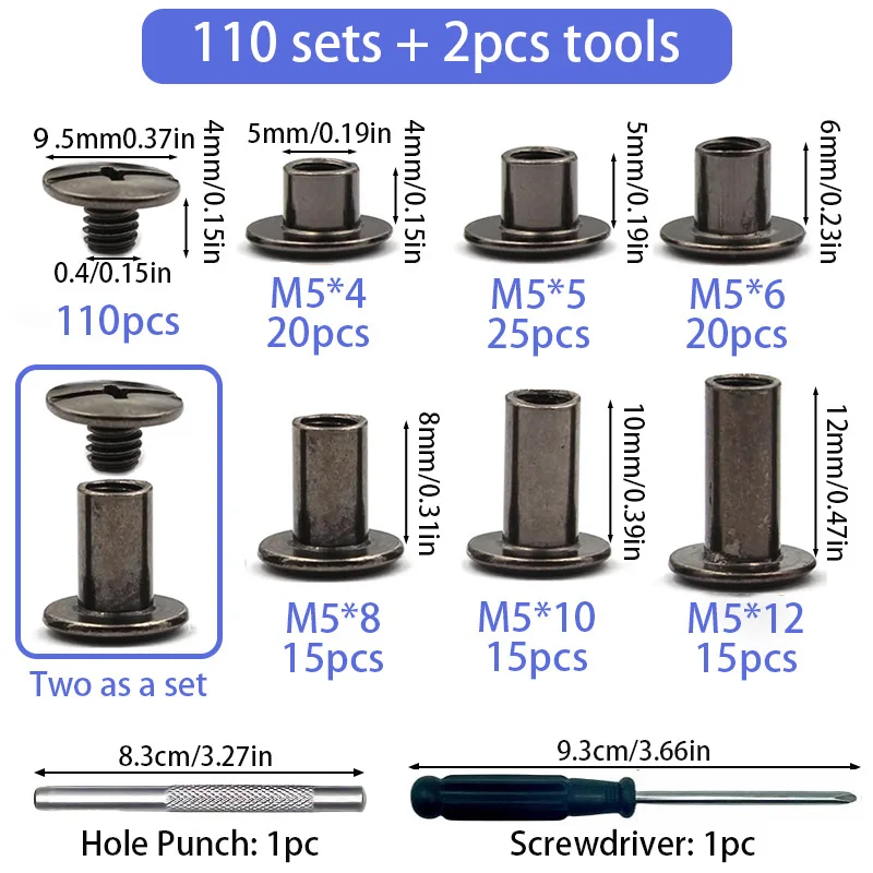 110 Sets of Chicago Screws, Leather Craft Rivets, Decorative Screws for Leather Goods, Bags, and Wallets, and Leather Binding.