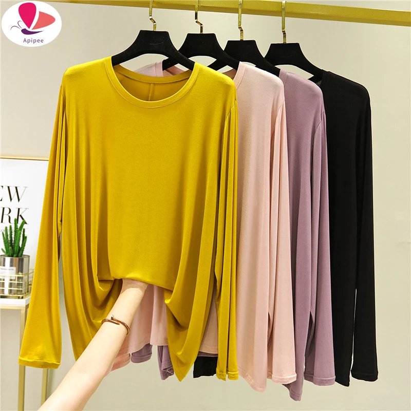 Modal Long-Sleeve T  Shirt Spring Autumn Clothing Women's Thin  Base Shirt Solid Color Loose Slimming Top Tees Tops