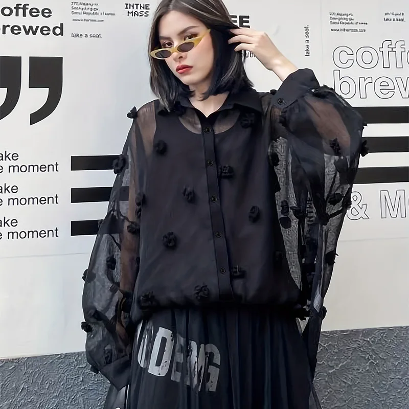 

2026 New Lapel Solid Color Shirt Three-dimensional Flower Top Shirt