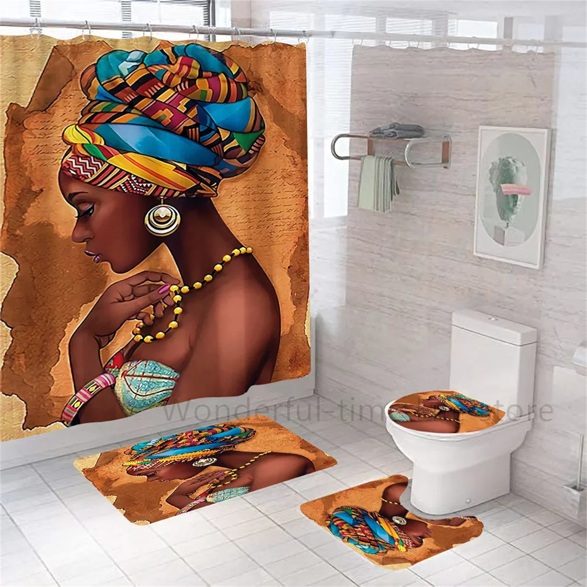 African Black Woman Print Shower Curtain Set Non-Slip Bath Mat Rugs Luxury American Girl Polyester Machine Wash Bathroom Decor