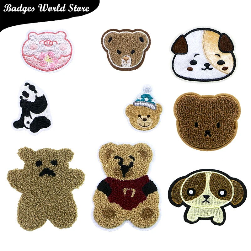 Cute Rabbit Panda Pig Bear Dog Chenille Icon Towel Embroidery Applique Patches For Clothing DIY Iron on Badges on the Backpack