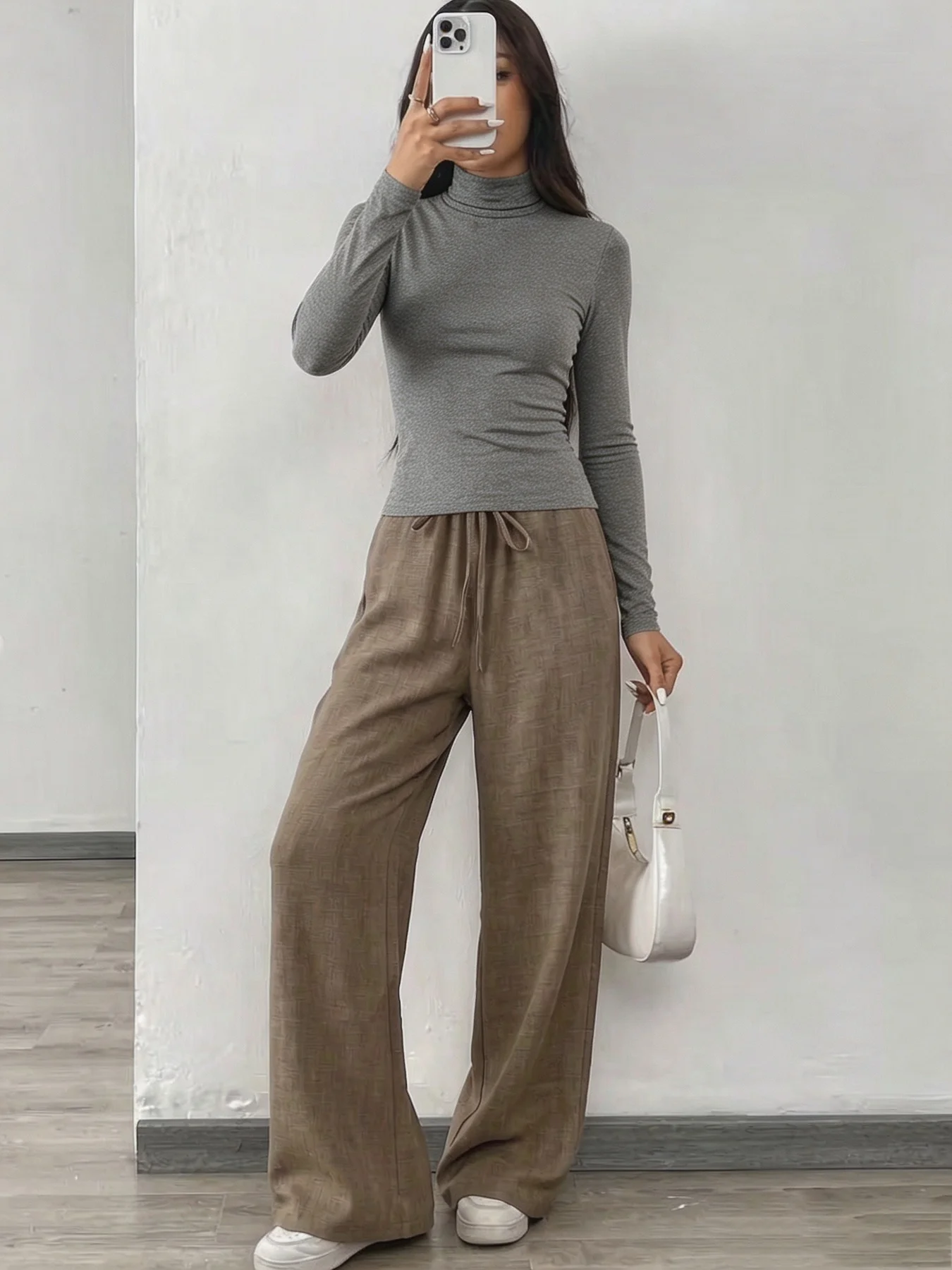 Women's Comfortable High Neck Solid Color Long Sleeve T-Shirt Top with Waist Cinch + Drawstring Wide Leg Pants Long Suit Set