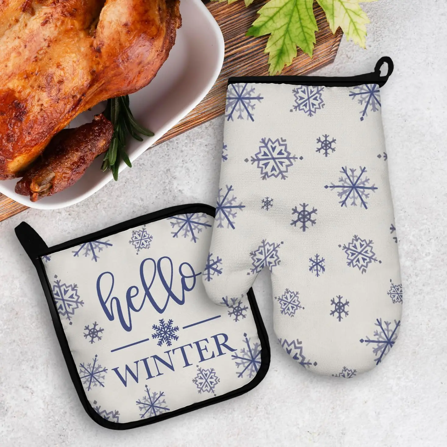 Hello Winter Oven Mitts and Pot Holders Sets, Snowflake Blue Christmas Heat Resistant Potholder Kitchen Decor for Cooking