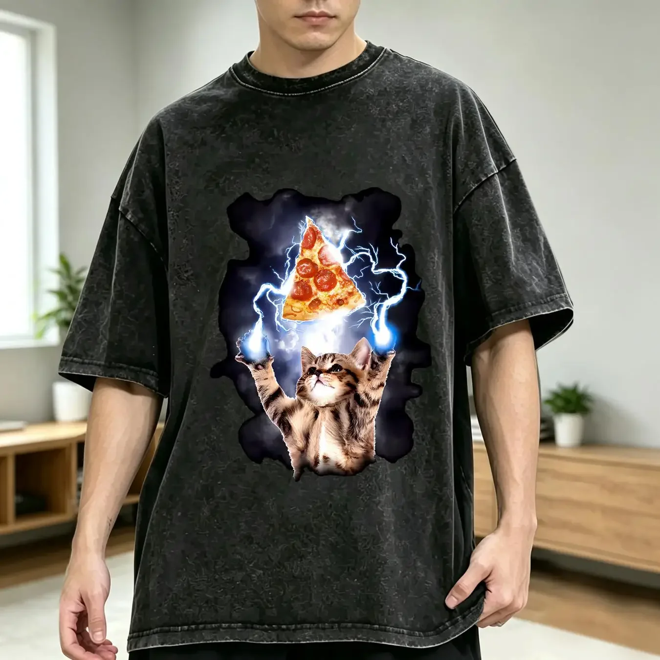 washed T Shirt Boy's Husky Lost Gods Cat Pizza Lightning Power long or short sleeves vintage Washed Unisex Stretched