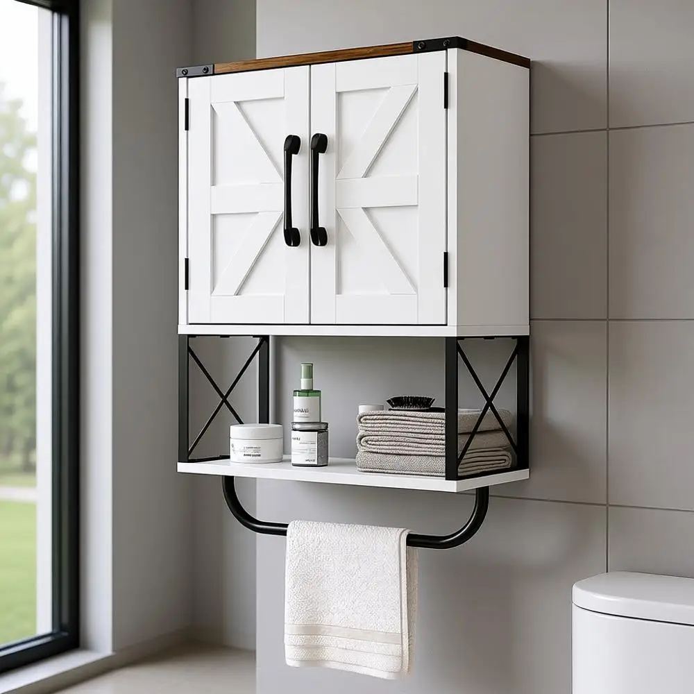 

Настенный медицинский шкафчик в стиле рустик с регулируемыми полками и держателем для полотенец, для ванной комнаты, белый