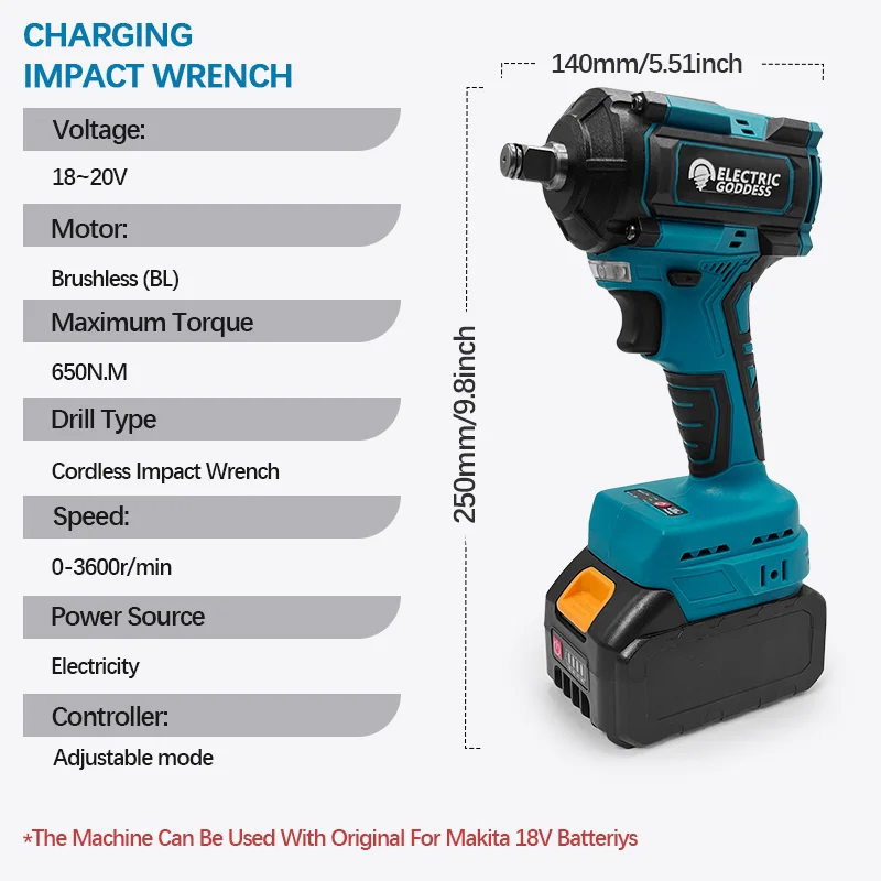 Electric Goddess 650N.m Brushless Electric Impact Wrench Screwdriver 1/2 Inch Power Tools Compatible With Makita 18V Battery