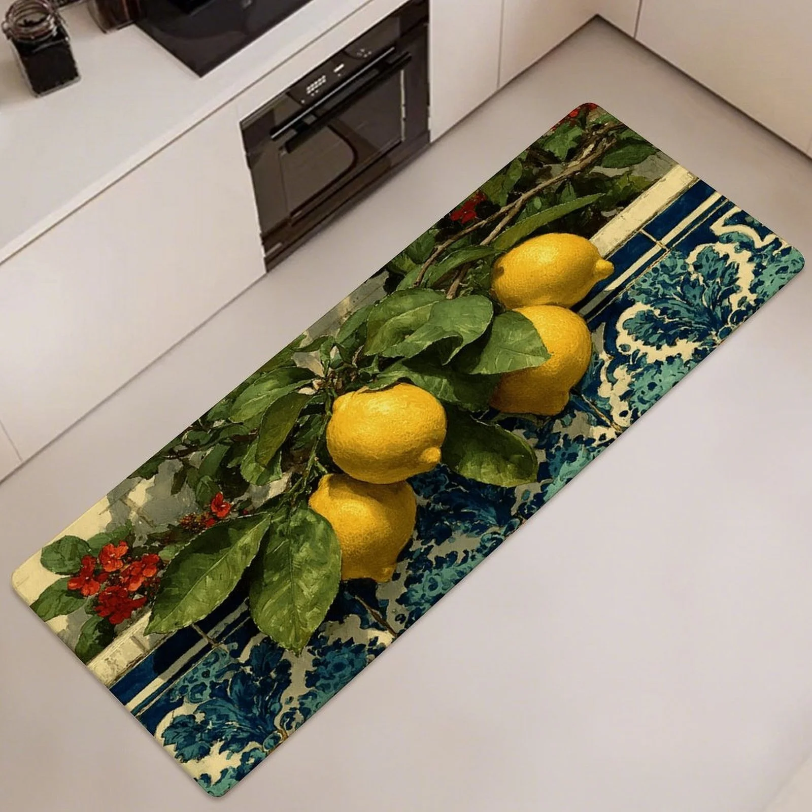 

Mediterranean Lemon Tile Kitchen Long Mat, Non-Slip Washable Runner Rug with Art Print for Kitchen, Bathroom, Laundry Room Decor