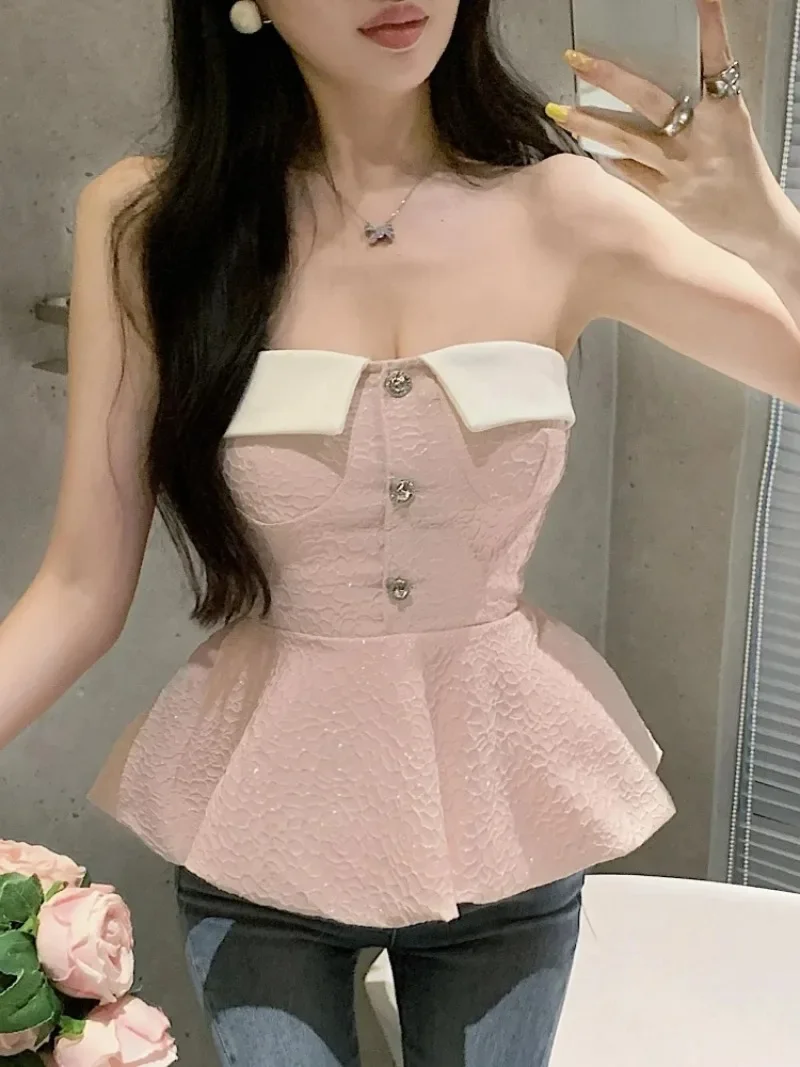 Korean Chic Contrast Color Vest For Women Cuffs Off Shoulder Slash Neck Tube Top Ruffled Patchwork Slim Waist A-line Camis Tank