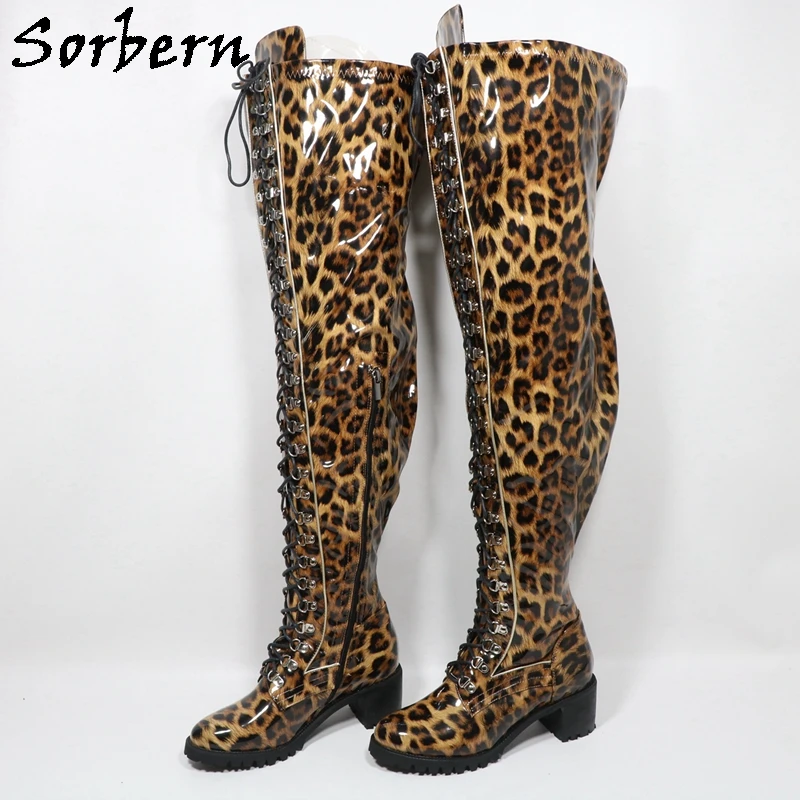 Sorbern Shiny Brown Leopard Mid Thigh High Boots For Women Hoof Square High Heels Lace Up Unisex Style Over The Knee Boot Custom