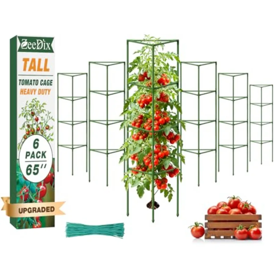 

Garden tomato cages: heavy duty steel, black, 65-inch tall, adjustable for pots and raised beds