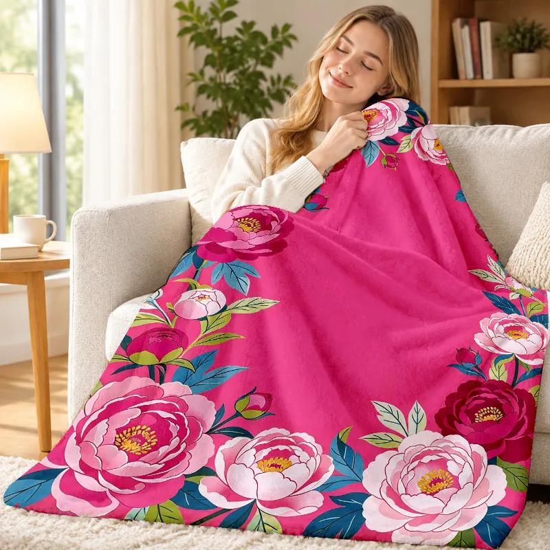 Vivid Peony Throw Blanket Bright Pink Background Flower Leaf Frame Soft Flannel for Window Sofa Lap Home Decor Gift