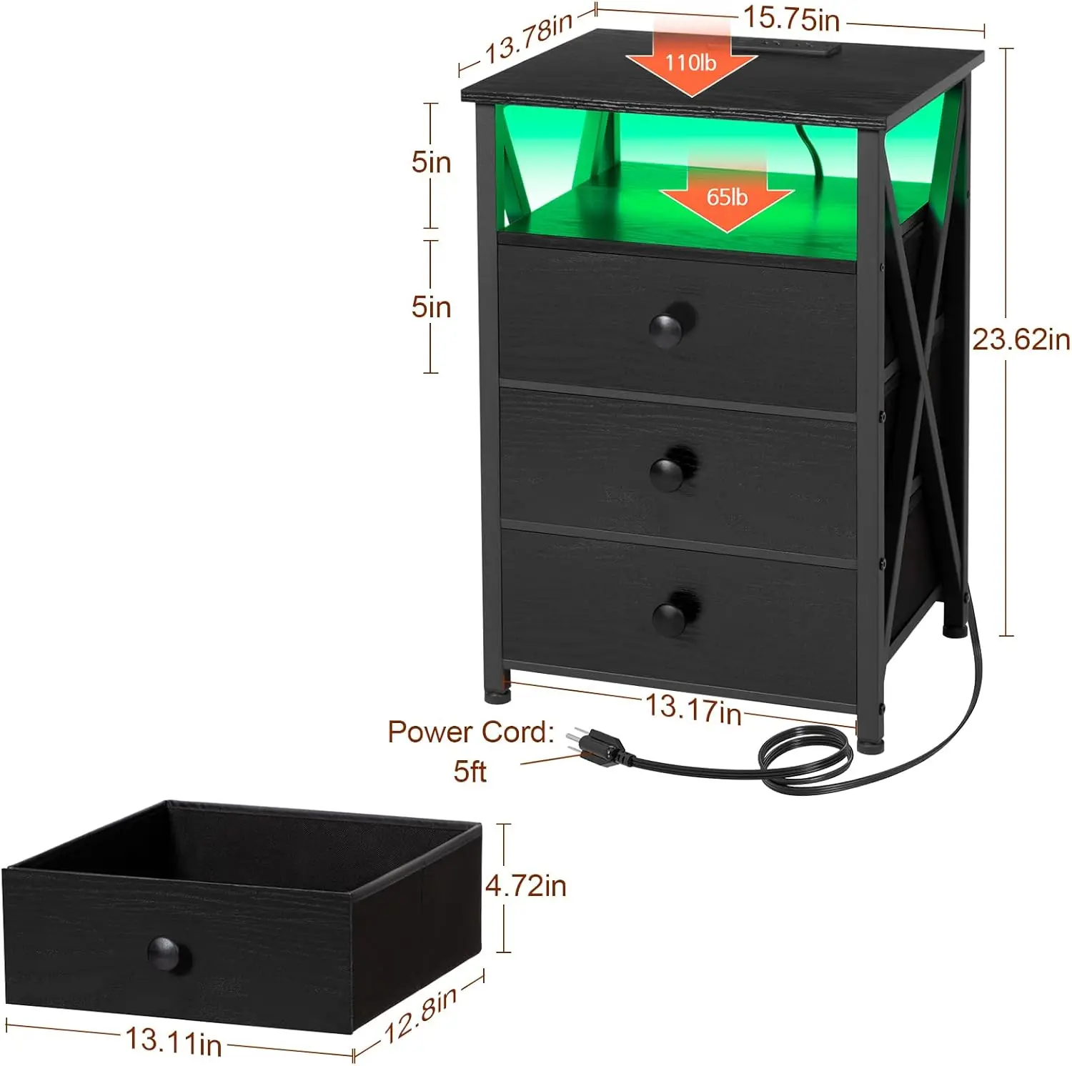 Set comodino 2, comodino LED con stazione di ricarica, tavolini laterali con porta e presa USB, comodino con