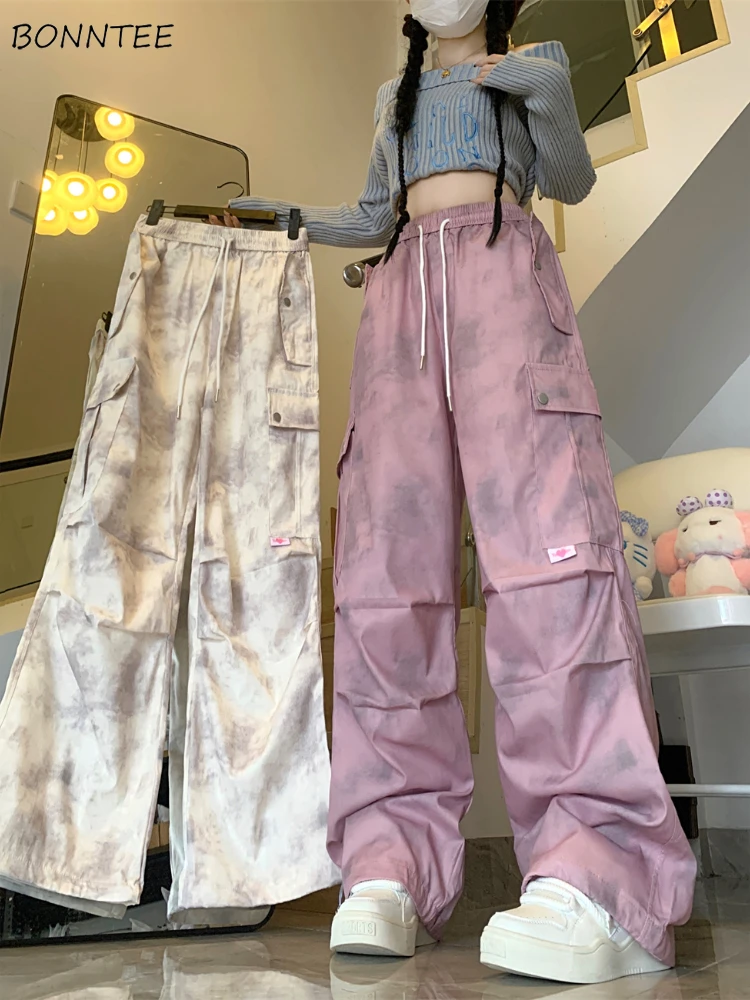 Tie Dye Pants Women Baggy High Waist Cargo Trousers Autumn All-match Folds Pockets Fashion Design Quick Dry Korean Style Girls