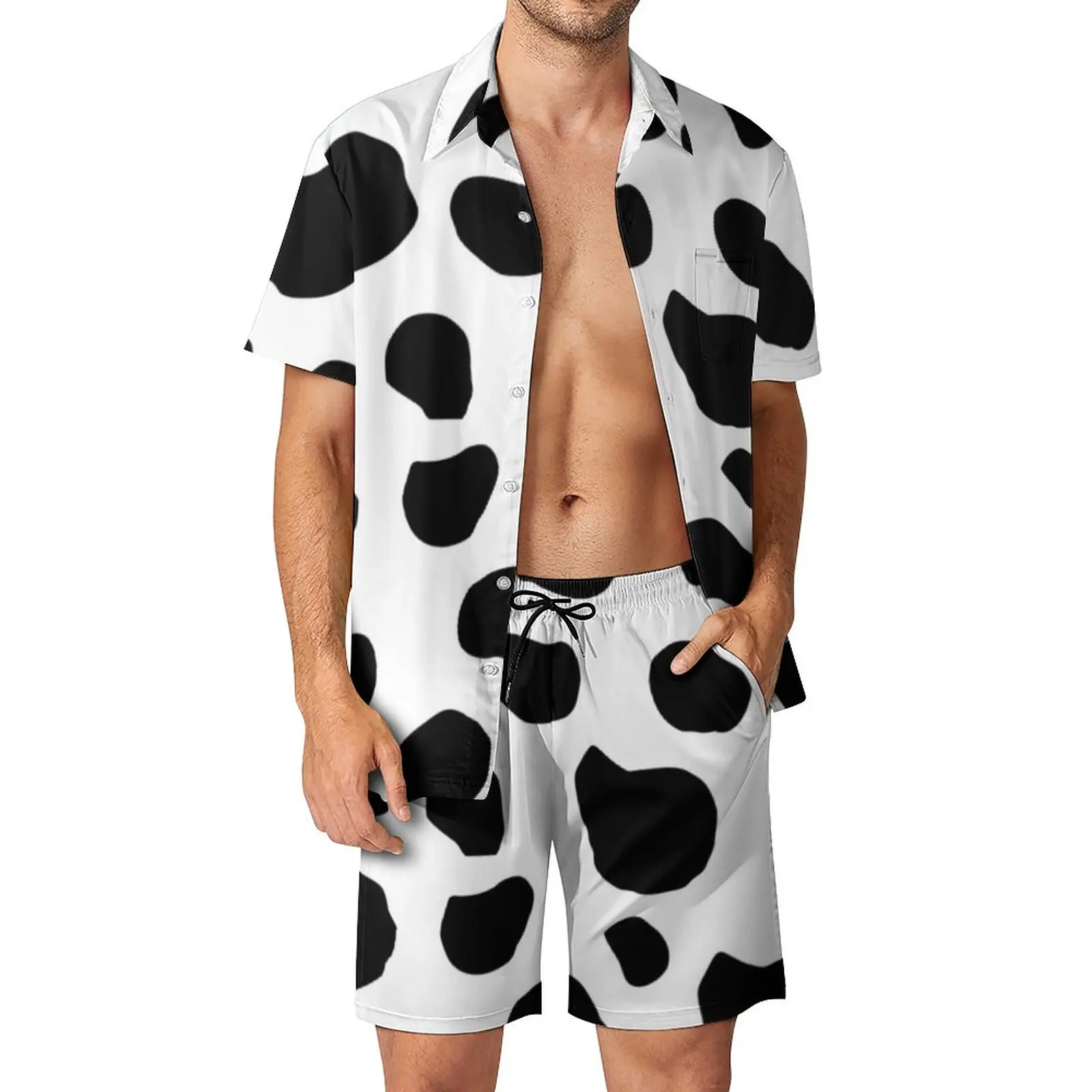 Fashion Black White Cow 3D Print Men Shirt Sets Short Sleeve Shirt Oversized Beach Shorts Streetwear Hawaiian Suits Clothes