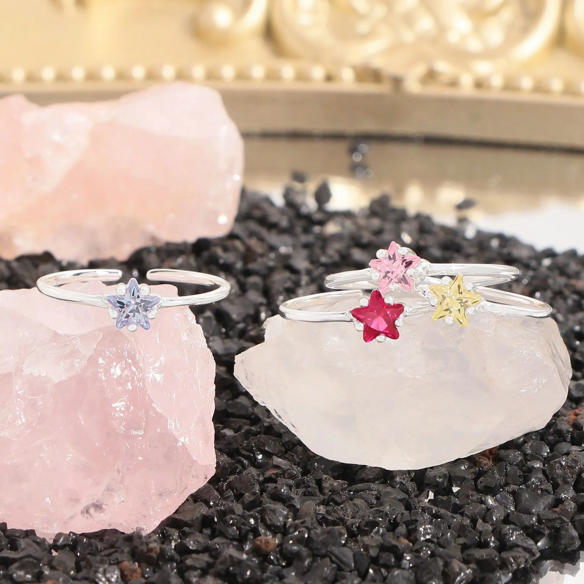 F.I.N.S Korean Design S925 Sterling Silver Colored Star Zircon Ring Simple Thin Line Open Adjustable Stacked Finger Fine Jewelry