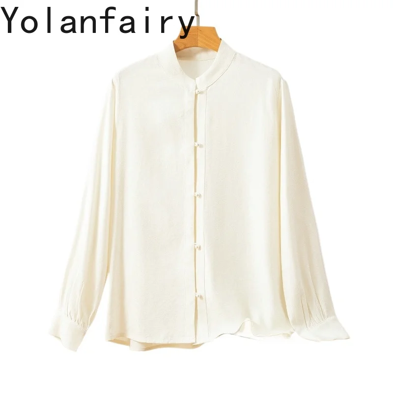 

YOLANFAIRY Новая 100% натуральная шелковая рубашка из тутового шелкопряда для женщин, модная весенняя жаккардовая блузка с длинным рукавом, элегантная белая рубашка 2026 года