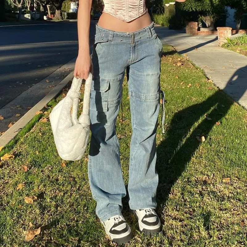 

Retro Mid-Waist Dstring Straight Jeans Women's Casual Long Pants Street Sle l Waist Summer Faion