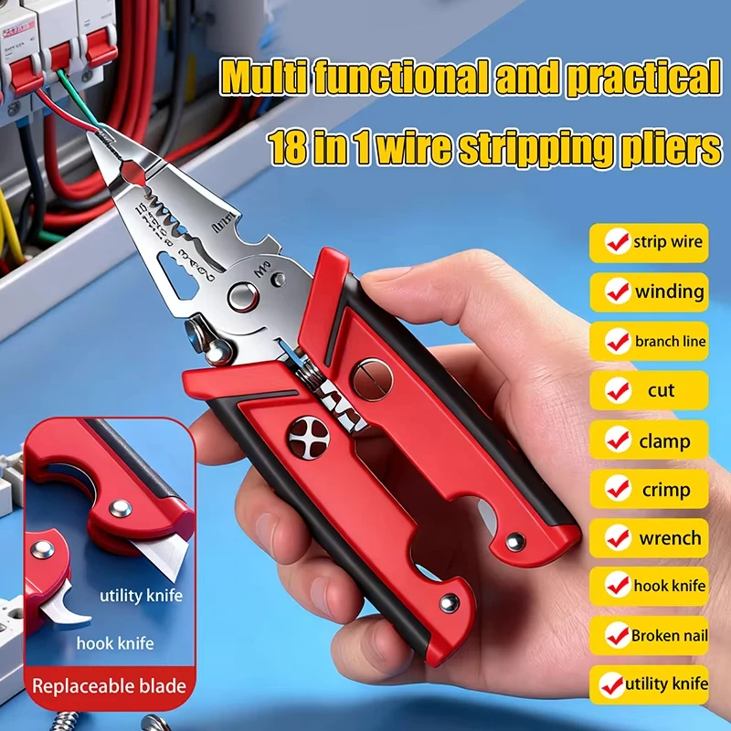 18-in-1 Electrician Crimper Pliers Multipurpose Wire Stripper Professional Double-Blade Professional Hand Tool for Wiring