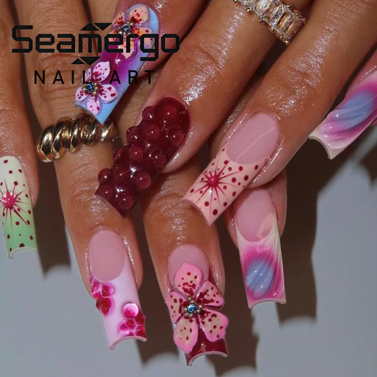 

24PCS Vibrant Pink Purple Green Square Fake Nails with 3D Flower Accents Press on Nails Edgy Boho Nail Art for Women Wearable