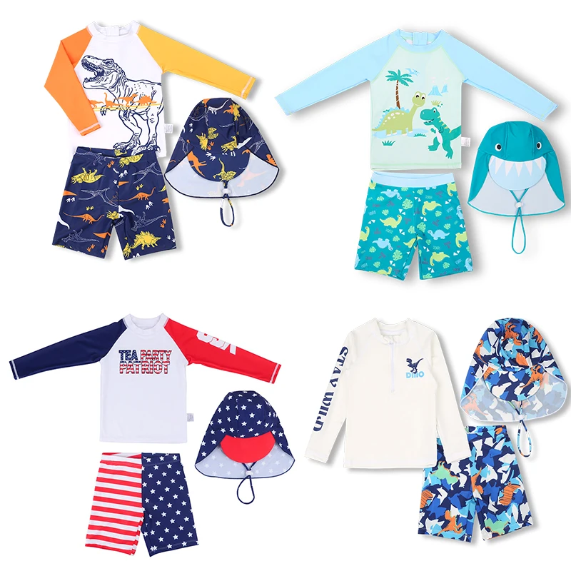 

3 Pcs New Boy Swimsuit Sun Protection UPF 50+ Long Sleeve Swimming Sunsuit Hat Cartoon Dinosaur Split Bathing Children Suits Set