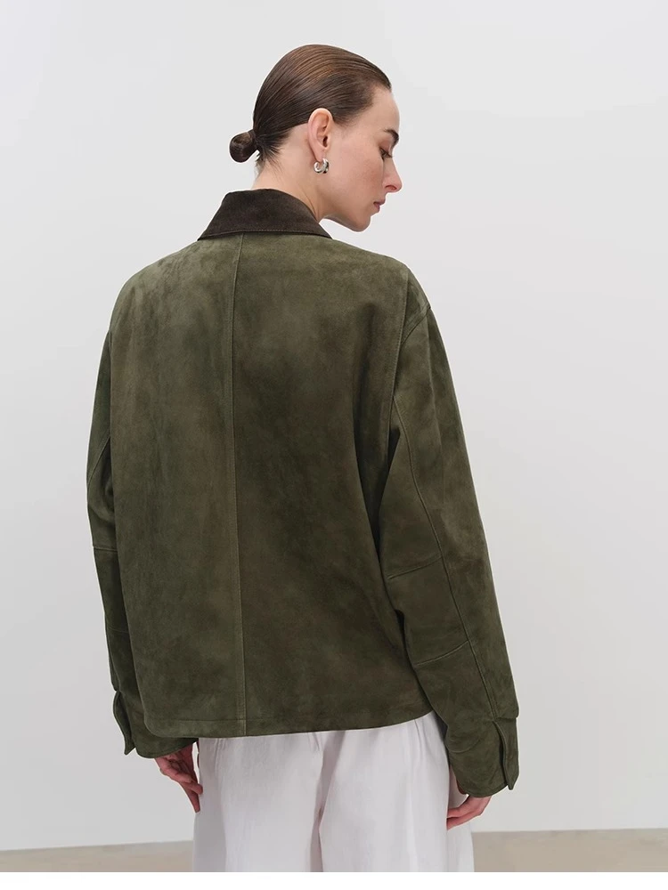 빈티지 짧은 정품 가죽 자켓 여성 봄 가을 하이 엔드 간단한 대비 코듀로이 옷깃 디자인 진짜 염소 가죽 스웨이드 코트