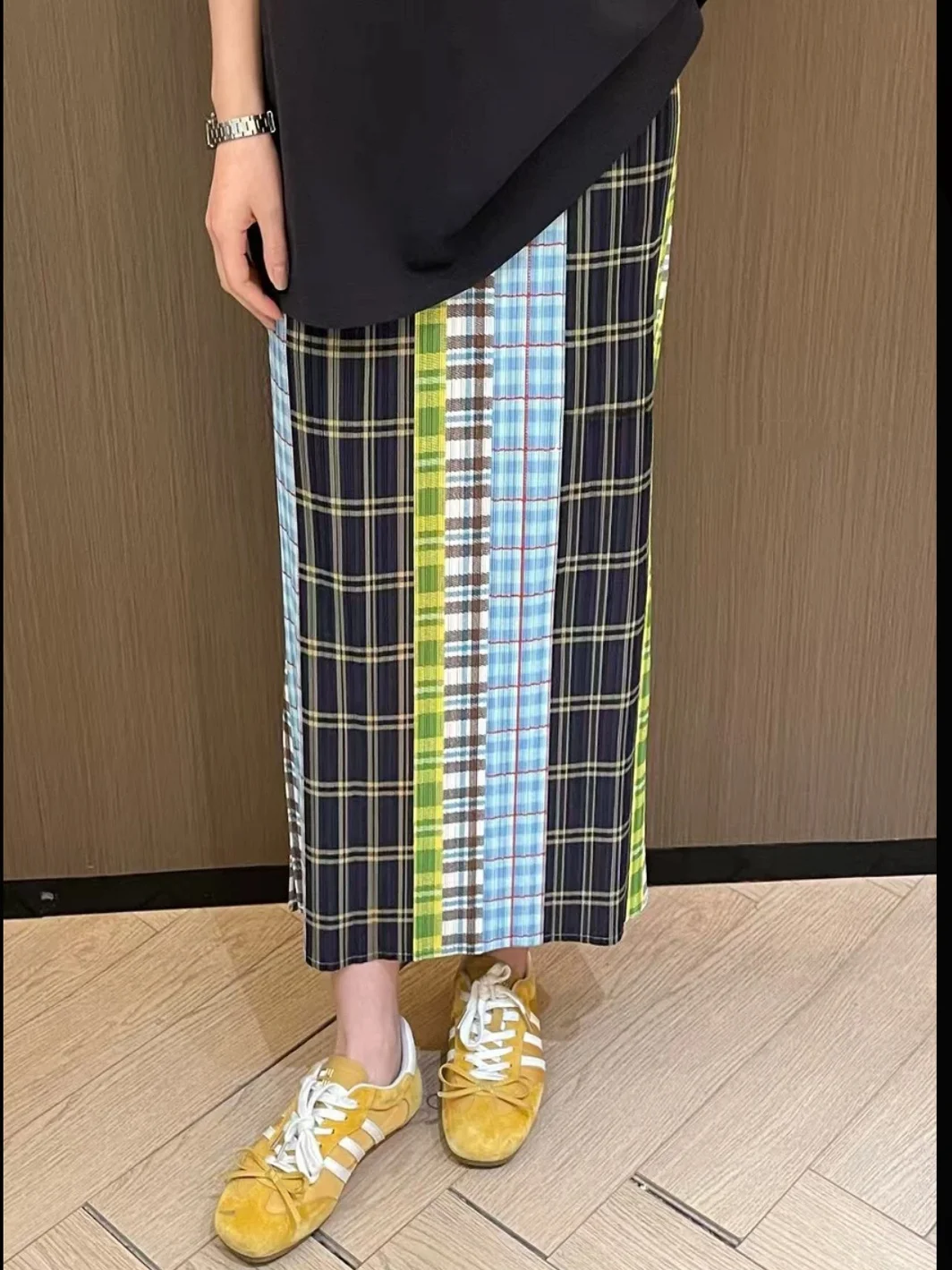 

Spring 2025 Faion High Waist A-Line Skirt Vintage Color Blo Plaid Midi Skirt Ele Commuter Sle Loose Fit