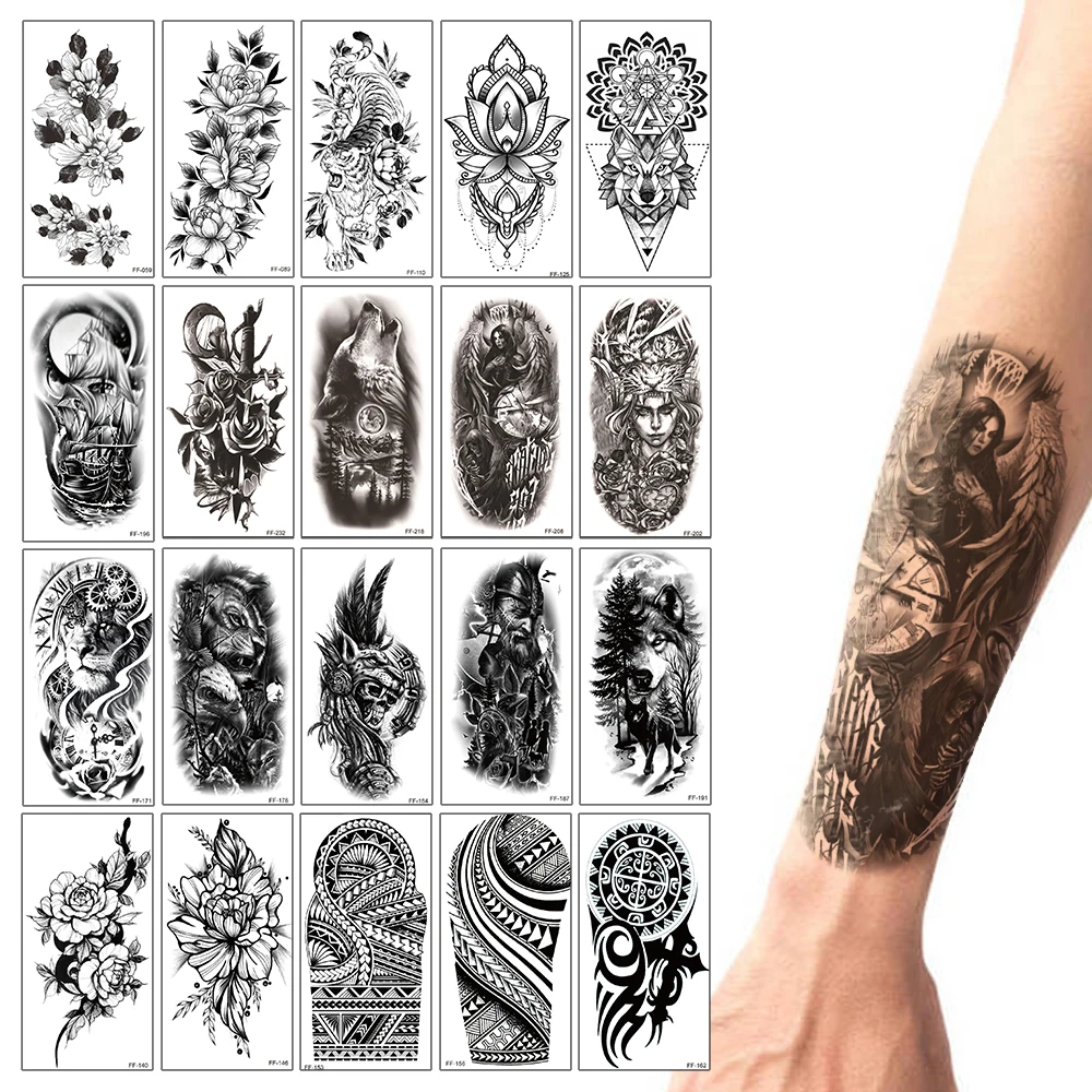 

20Pcs/Lot,Water Transfer Waterproof Temporary Fake Tattoos Sticker Decals Wolf Flower Totem Body Art for Sexy Cool Man Women Arm