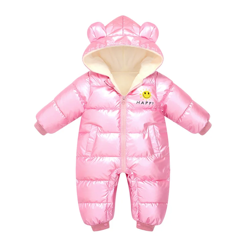 2024 Baby Boys Winter Snowsuit Plus Velvet Waterproof No-wash Infant Boy Jumpsuit Shinny Hooded Newborn Girls Romper Coat