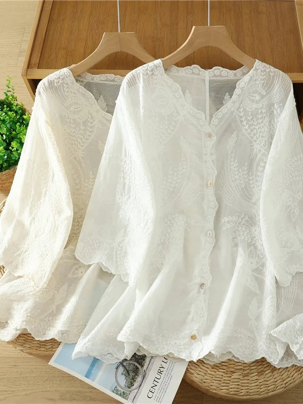 

Ele Вышитый хлопок и лен, большой размер, женский вариант с одной пуговицей V Ne Seven Sve Faionable, универсальная защита от солнца...