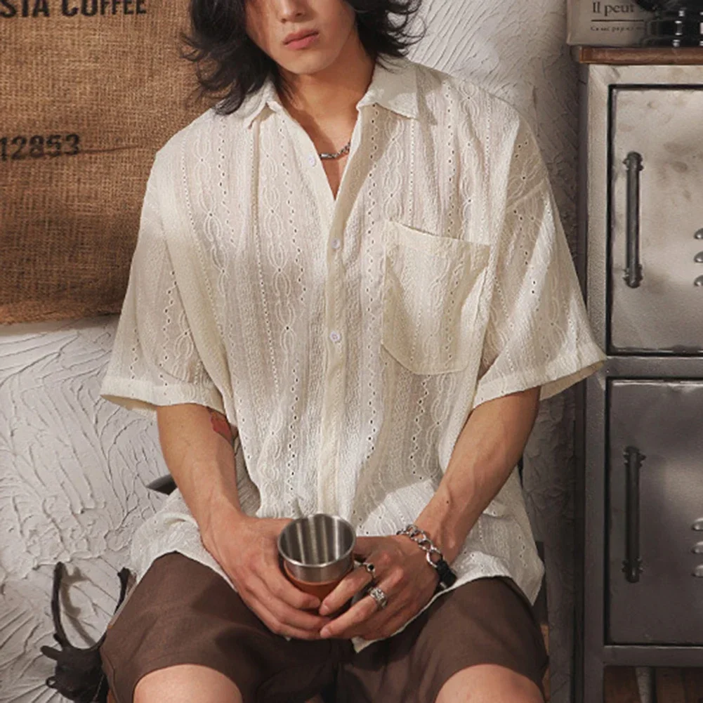 Men Casual Loose Hollow Out Short Sleeve Shirts with pockets Retro Fashion Vacation/Daily All-Match Tops Solid Color