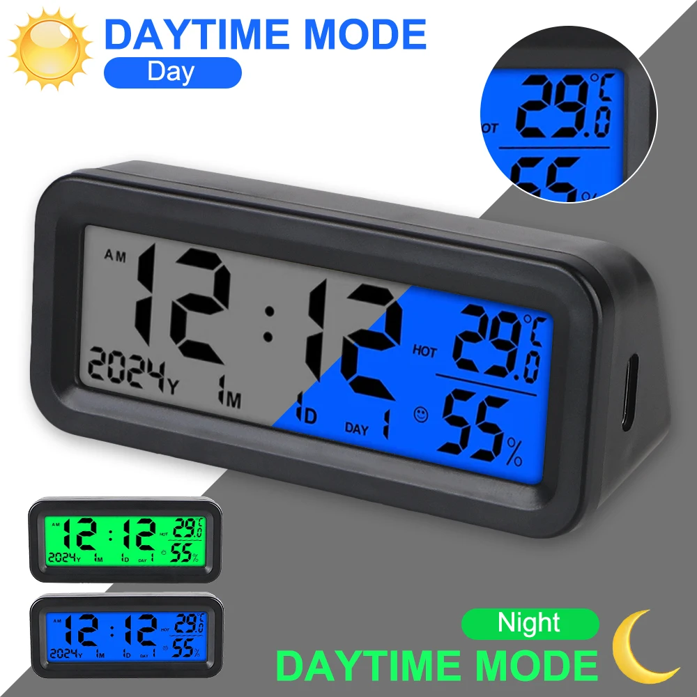 Automobiles Date Week Temperature Humidity LCD Backlit Display Internal Stick-On Car Clock Solar Car Digital Clock for Dashboard