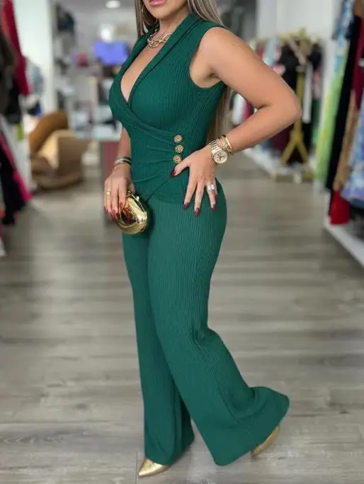 طقم مكون من قطعتين ملابس نسائية جديدة متداخلة عميقة على شكل حرف v بدون أكمام بزر جانبي ديكور بحاشية غير متماثلة طقم سراويل واسعة الساق غير رسمية