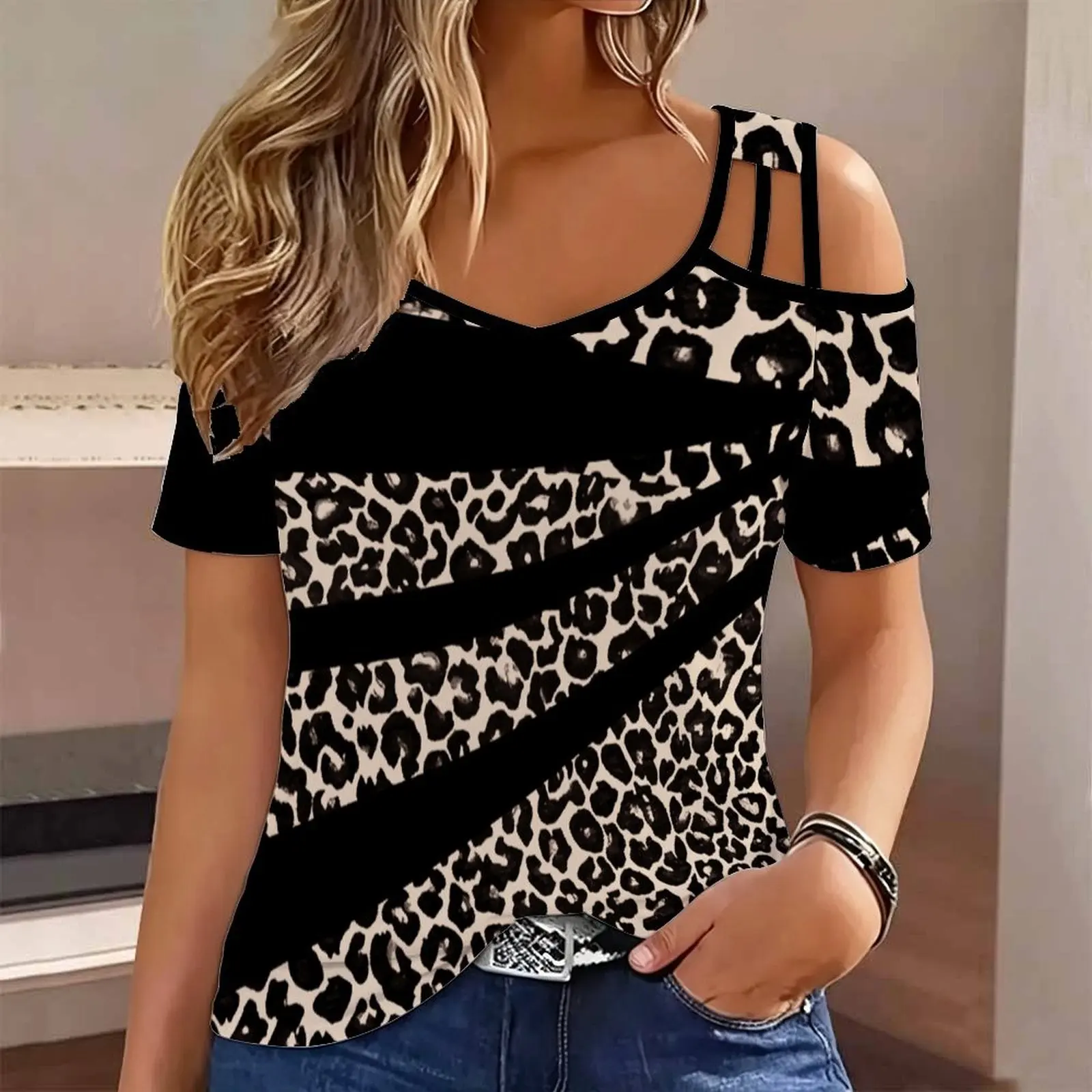 Plus Size Summer Female Fashion Slim V Neck Cold Shoulder Top Retro Elegance Print Women’s T Shirt Everyday Commuting Clothing