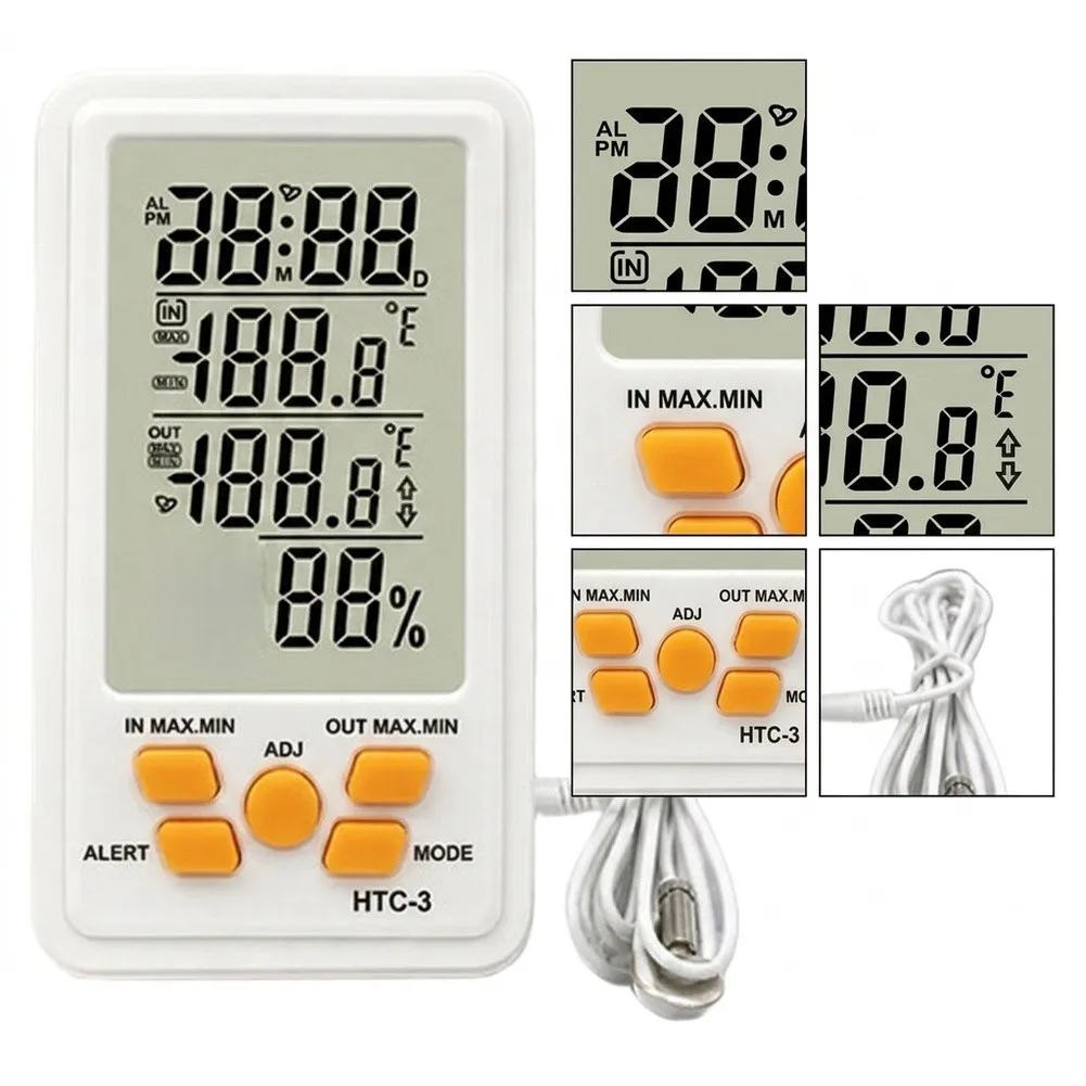 HTC-3 Digital Thermometer Hygrometer Large LCD Dual Channel Indoor Outdoor Temperature Humidity Monitor With Alarm Clock Sensor