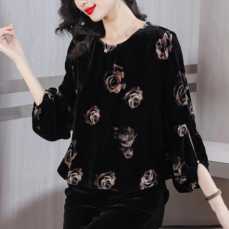 2023 Autumn and Winter New Silk Flower Print Long Sleeve Top and Pants Two Piece Set for Women's O-Neck Loose Large Pants Set