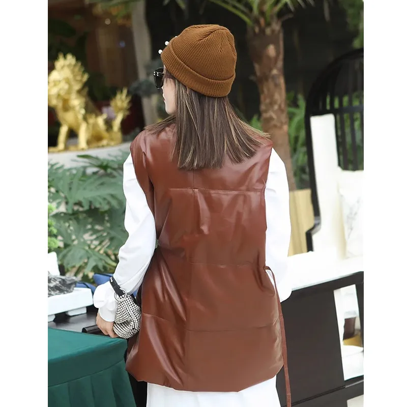 Women's Leather Waistcoat, Lace Up Coat, Thickened Down Vest, Loose, Large Size, V-Neck, Sheepskin, Fashion, Autumn, Winter