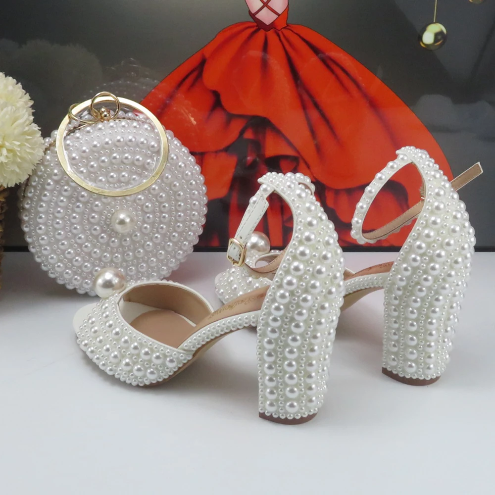 Fashion White Beads Pearl women wedding shoes Bride High heels shoes ladies super big size party dress shoes woman Fish toe view 3