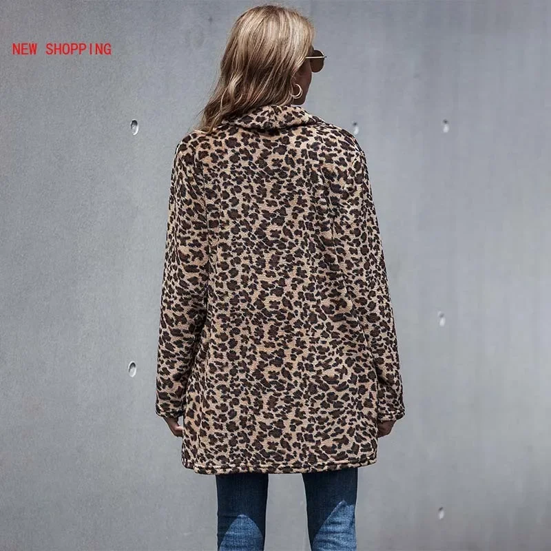 New Women Plush Teddy Coat Autumn Winter Leopard Faux Fur Coats Women Lapel Faux Fur Fluffy Long Teddy Jacket Female Thick Warm