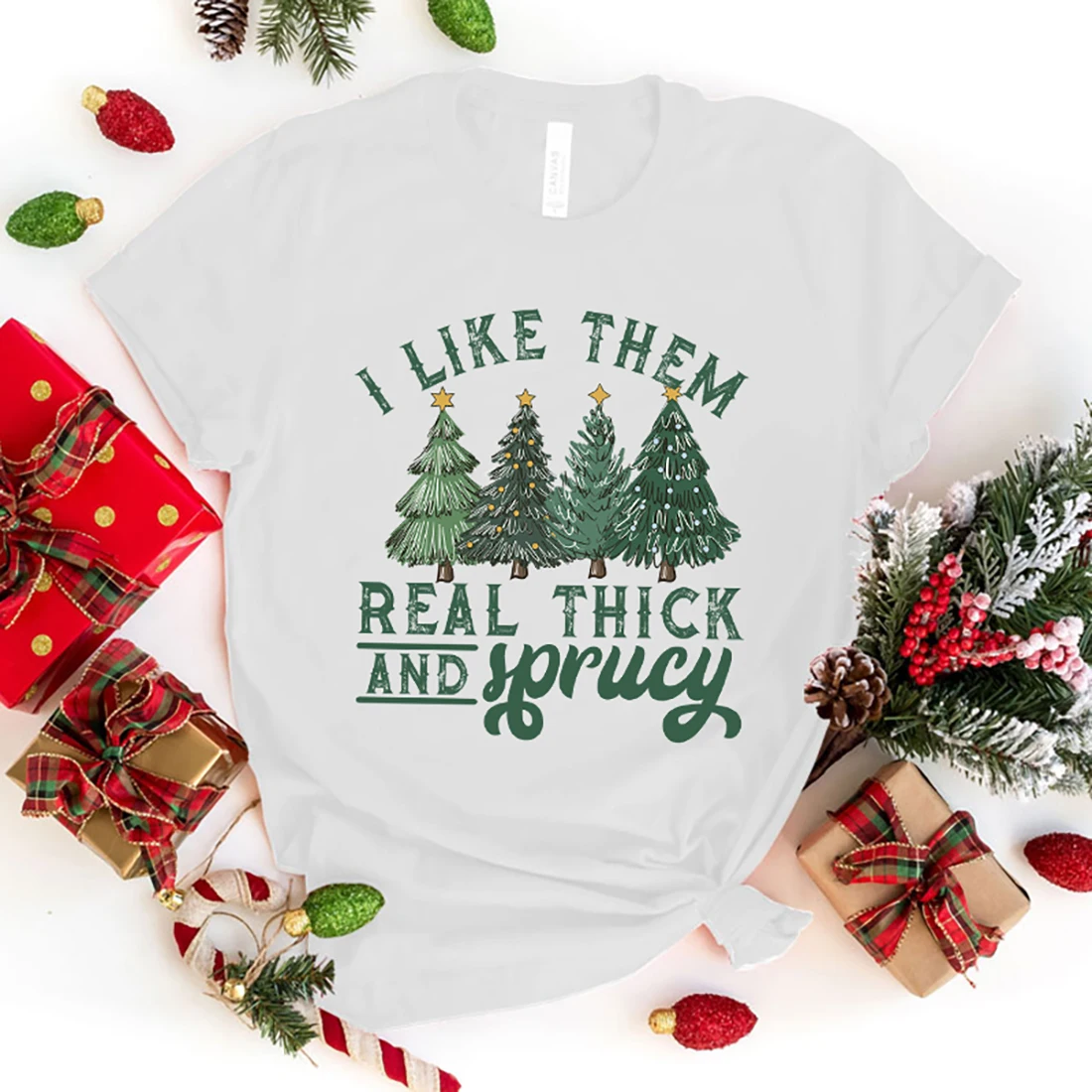 

New Christmas I Like Them Real Thick And Sprucy Graphic Print T-Shirt Women Fashion Round Neck Loose Tee Shirt Streetwear tops