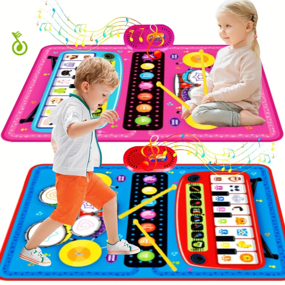 

Kids Music Play Floor Keyboard Dance Mat with Piano Drum 2 in 1 Set with Sounds, Toddlers Early Educational Music Blanket Toy