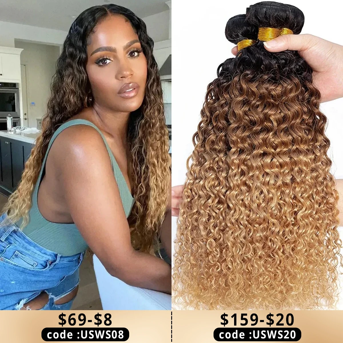 12A Brazilian Kinky Curly Human Hair Bundles Ombre Blonde Colored Curly Hair Weave 3/4 Bundles 100% Virgin Raw Hair Extensions