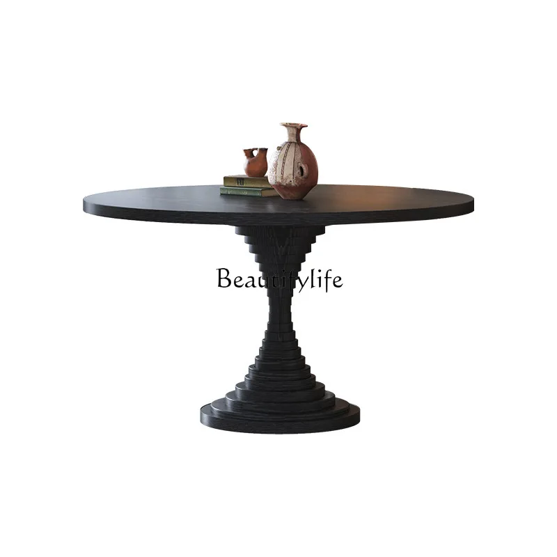 

American light luxury cream style solid wood dining table French retro round table